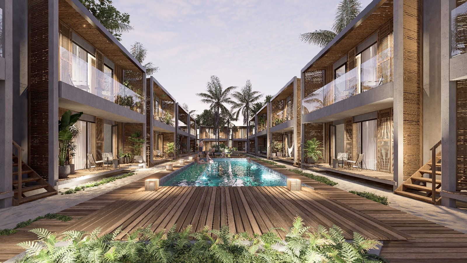 Render principal del proyecto con piscina central