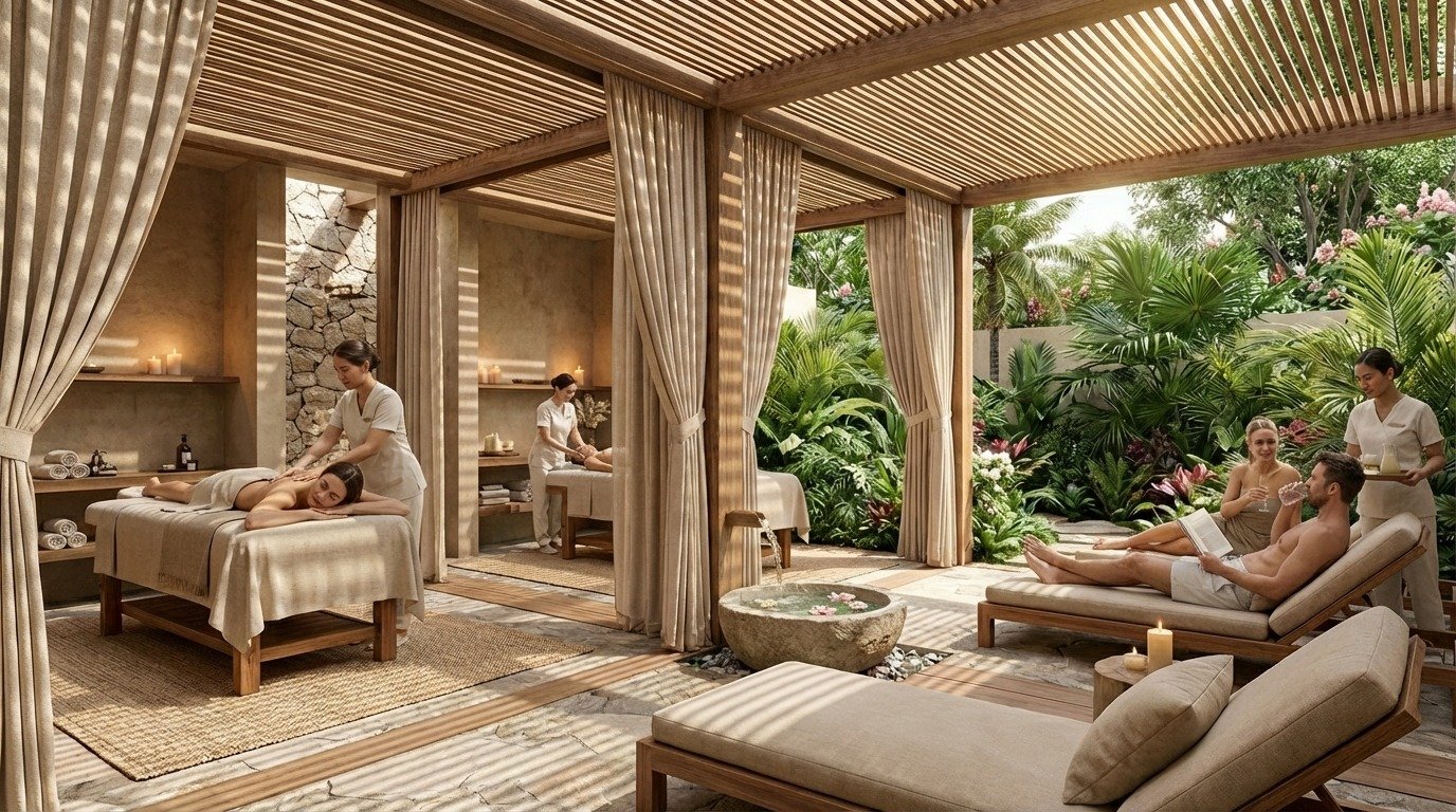 Spa holístico rodeado de vegetación tropical